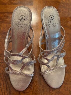 Adrianna Papell Leather Metallic Mules/Sandal Strappy Embellished Heeled Sandals
